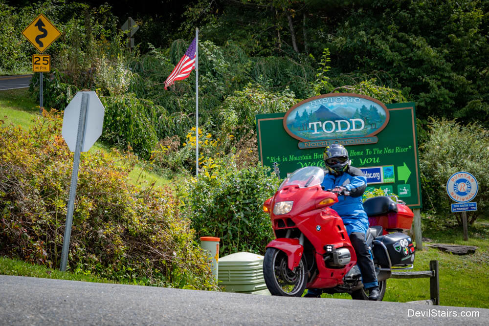 Motorcyclist passes through Todd, North Carolina while riding the Devil's Stairs route